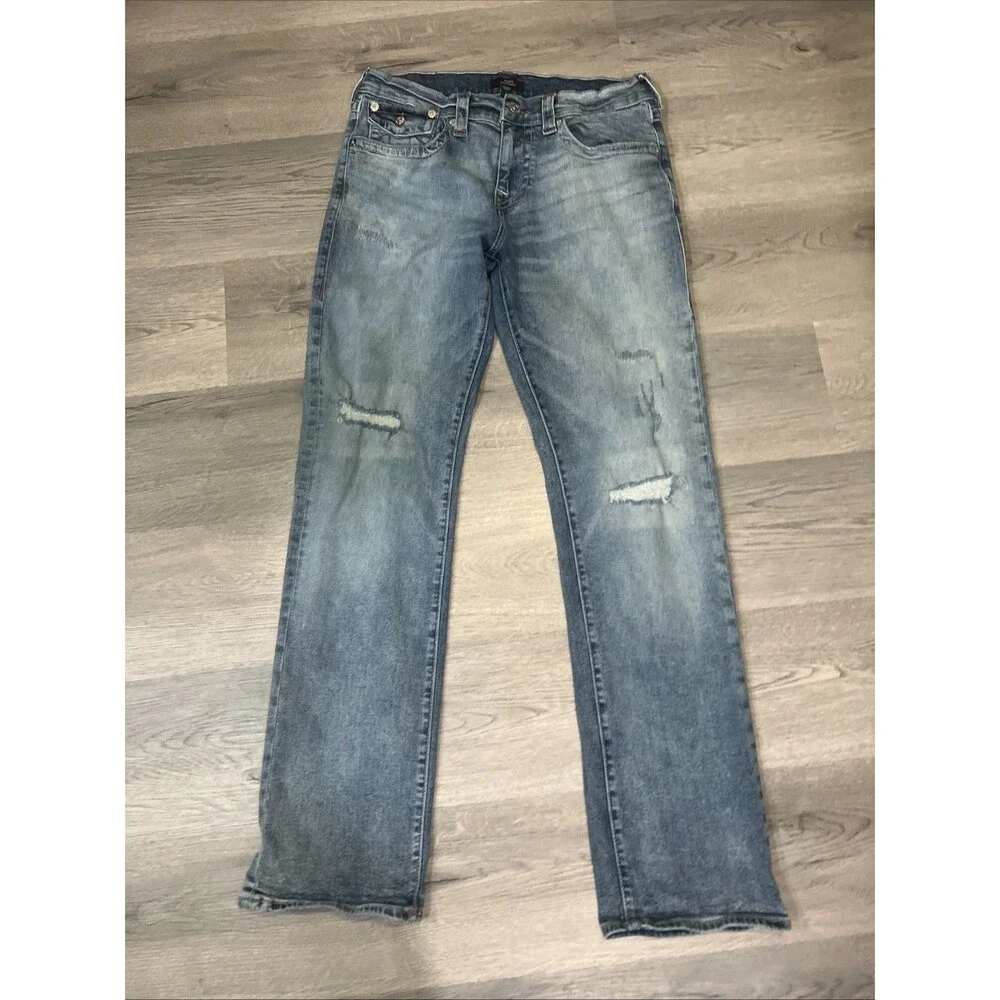 True Religion Mens Ricky Relaxed Straight Light Blue Wash Jeans Size 32 x 33